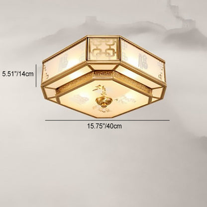 Traditional Chinese Octagon Printing Frosted Glass Brass 4-Light Flush Mount Ceiling Light For Living Room