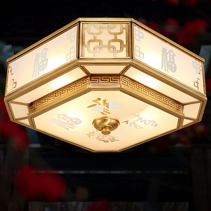 Traditional Chinese Octagon Printing Frosted Glass Brass 4-Light Flush Mount Ceiling Light For Living Room