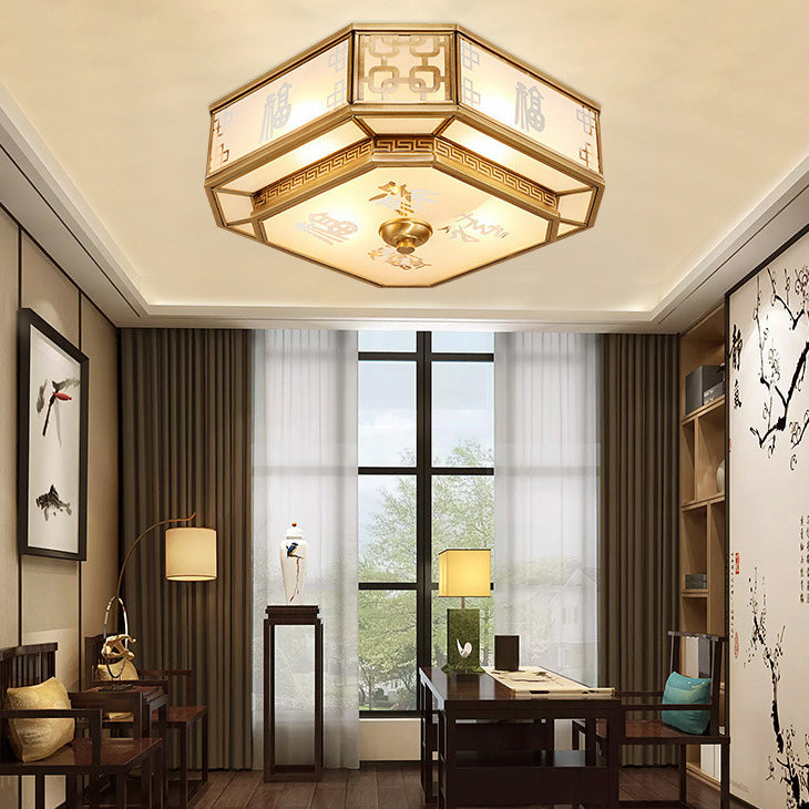 Traditional Chinese Octagon Printing Frosted Glass Brass 4-Light Flush Mount Ceiling Light For Living Room