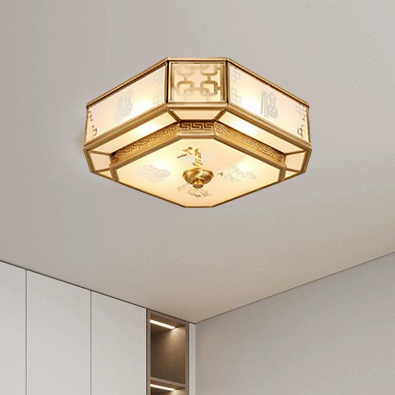 Traditional Chinese Octagon Printing Frosted Glass Brass 4-Light Flush Mount Ceiling Light For Living Room