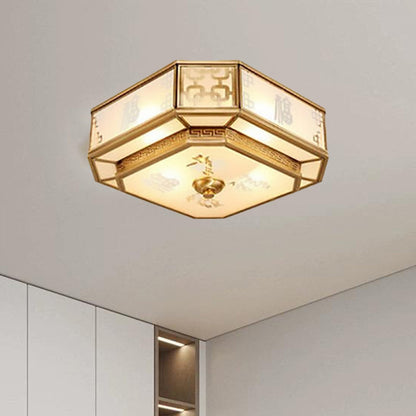 Traditional Chinese Octagon Printing Frosted Glass Brass 4-Light Flush Mount Ceiling Light For Living Room