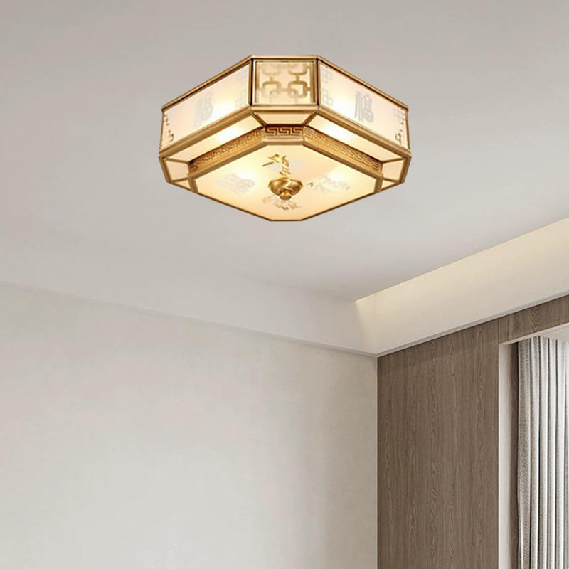 Traditional Chinese Octagon Printing Frosted Glass Brass 4-Light Flush Mount Ceiling Light For Living Room