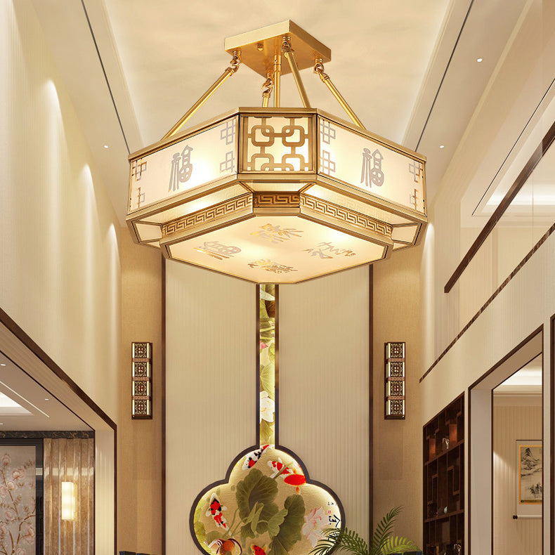 Traditional Chinese Octagon Printing Frosted Glass Brass 4-Light Chandelier For Living Room