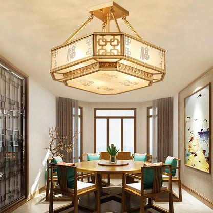 Traditional Chinese Octagon Printing Frosted Glass Brass 4-Light Chandelier For Living Room