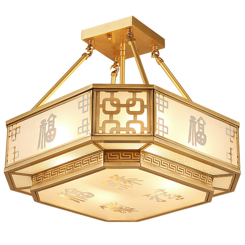 Traditional Chinese Octagon Printing Frosted Glass Brass 4-Light Chandelier For Living Room