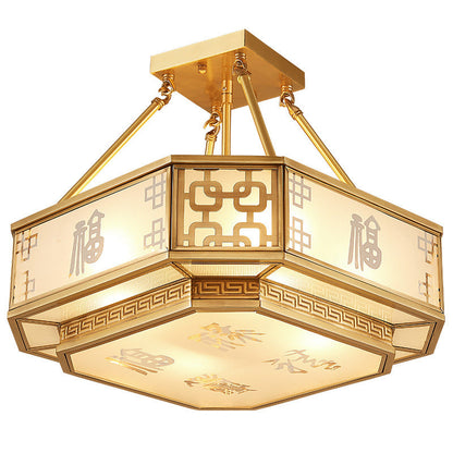 Traditional Chinese Octagon Printing Frosted Glass Brass 4-Light Chandelier For Living Room