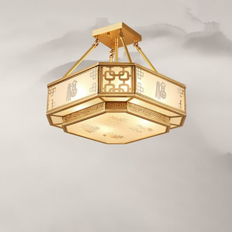 Traditional Chinese Octagon Printing Frosted Glass Brass 4-Light Chandelier For Living Room