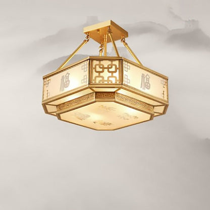 Traditional Chinese Octagon Printing Frosted Glass Brass 4-Light Chandelier For Living Room