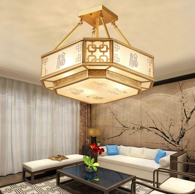 Traditional Chinese Octagon Printing Frosted Glass Brass 4-Light Chandelier For Living Room