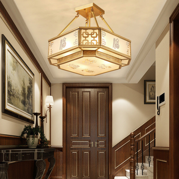 Traditional Chinese Octagon Printing Frosted Glass Brass 4-Light Chandelier For Living Room
