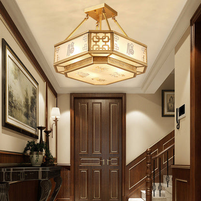 Traditional Chinese Octagon Printing Frosted Glass Brass 4-Light Chandelier For Living Room