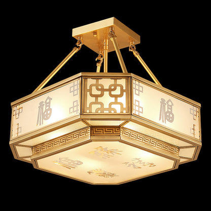 Traditional Chinese Octagon Printing Frosted Glass Brass 4-Light Chandelier For Living Room