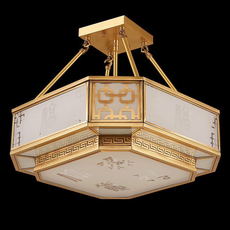 Traditional Chinese Octagon Printing Frosted Glass Brass 4-Light Chandelier For Living Room