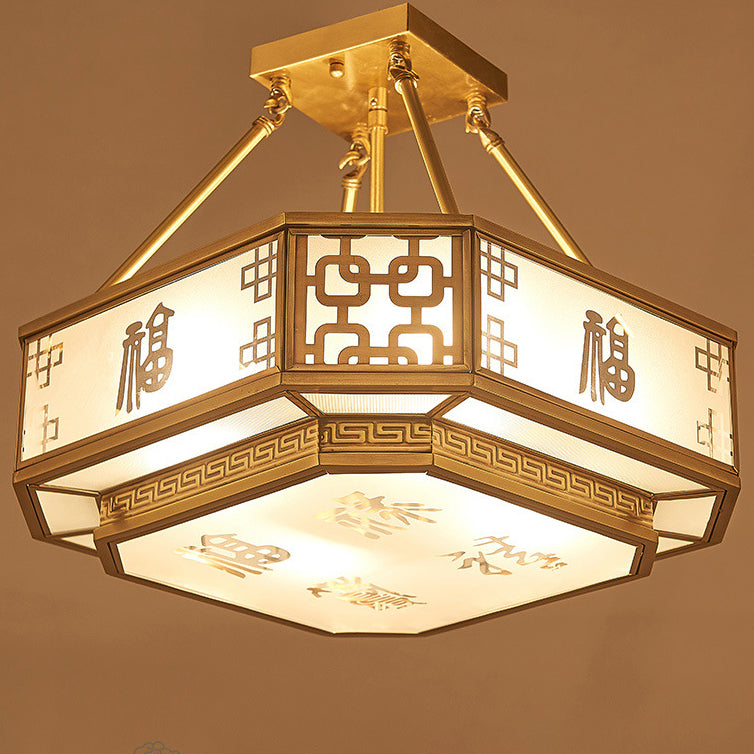 Traditional Chinese Octagon Printing Frosted Glass Brass 4-Light Chandelier For Living Room