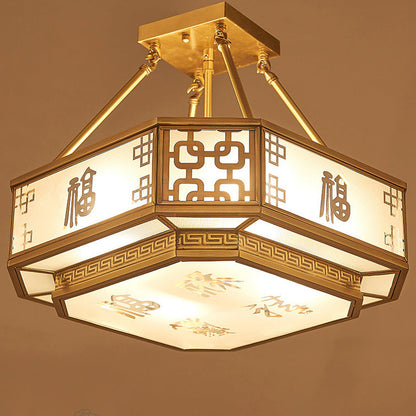 Traditional Chinese Octagon Printing Frosted Glass Brass 4-Light Chandelier For Living Room