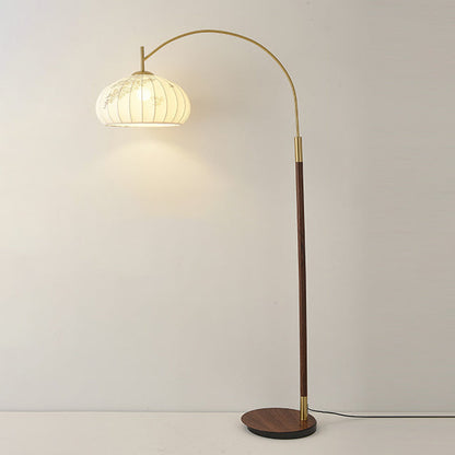 Traditional Chinese Fishing Rod Round Oval Cone Iron Fabric 1-Light Standing Floor Lamp For Living Room