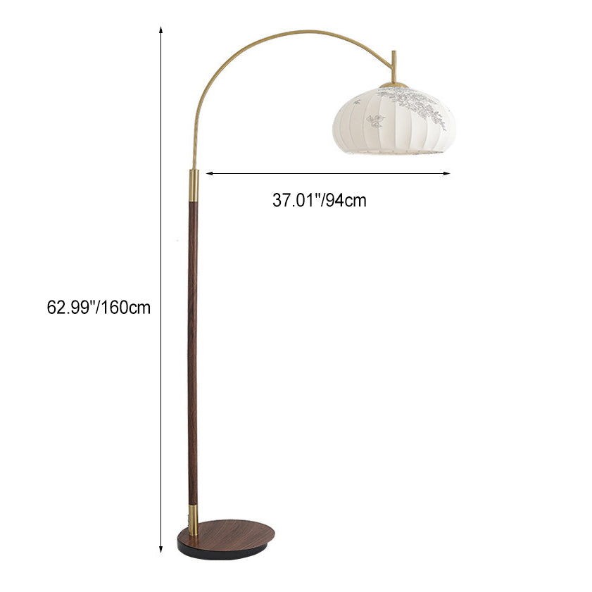 Traditional Chinese Fishing Rod Round Oval Cone Iron Fabric 1-Light Standing Floor Lamp For Living Room