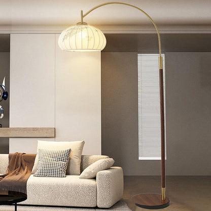 Traditional Chinese Fishing Rod Round Oval Cone Iron Fabric 1-Light Standing Floor Lamp For Living Room