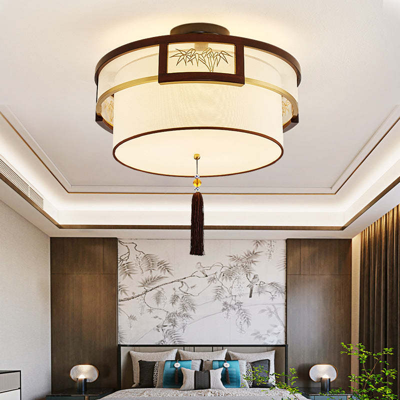 Traditional Chinese Tassels Round Bamboo Carving Fabric Wood Brass 3/5-Light Semi-Flush Mount Ceiling Light For Living Room