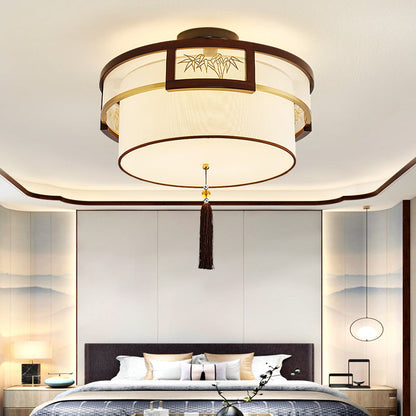 Traditional Chinese Tassels Round Bamboo Carving Fabric Wood Brass 3/5-Light Semi-Flush Mount Ceiling Light For Living Room