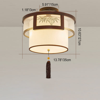 Traditional Chinese Tassels Round Bamboo Carving Fabric Wood Brass 3/5-Light Semi-Flush Mount Ceiling Light For Living Room