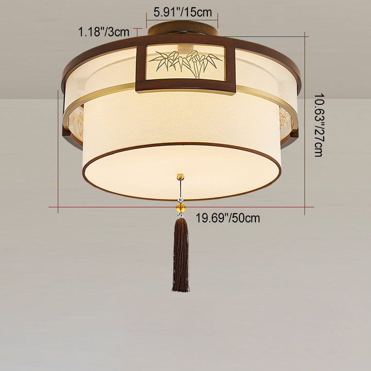 Traditional Chinese Tassels Round Bamboo Carving Fabric Wood Brass 3/5-Light Semi-Flush Mount Ceiling Light For Living Room