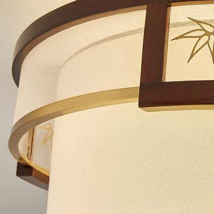 Traditional Chinese Tassels Round Bamboo Carving Fabric Wood Brass 3/5-Light Semi-Flush Mount Ceiling Light For Living Room