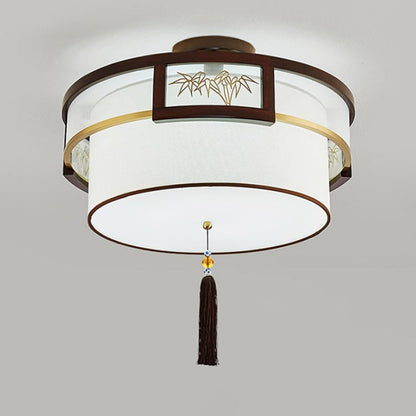 Traditional Chinese Tassels Round Bamboo Carving Fabric Wood Brass 3/5-Light Semi-Flush Mount Ceiling Light For Living Room