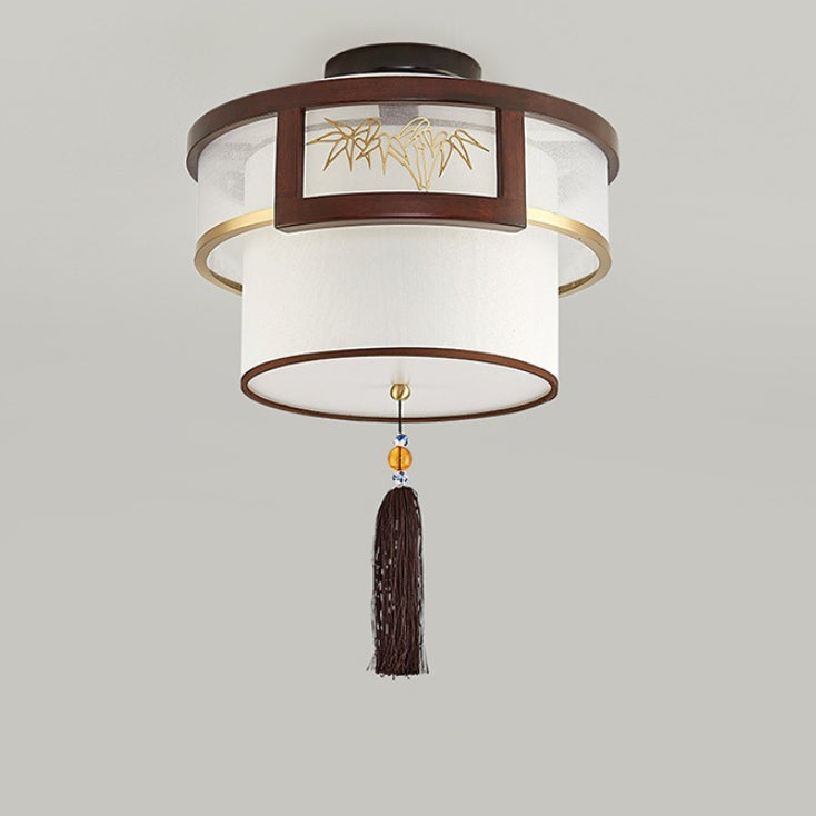Traditional Chinese Tassels Round Bamboo Carving Fabric Wood Brass 3/5-Light Semi-Flush Mount Ceiling Light For Living Room