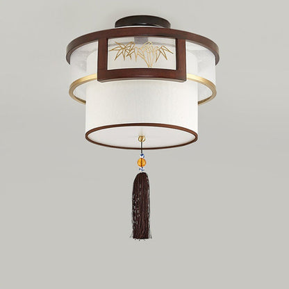 Traditional Chinese Tassels Round Bamboo Carving Fabric Wood Brass 3/5-Light Semi-Flush Mount Ceiling Light For Living Room