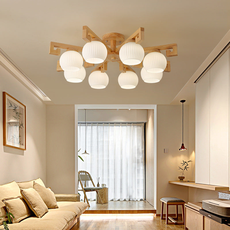 Traditional Chinese Solid Wood Striped Glass Round Globe Shade Branch 5/8 Light Chandeliers For Living Room