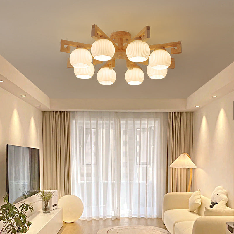 Traditional Chinese Solid Wood Striped Glass Round Globe Shade Branch 5/8 Light Chandeliers For Living Room