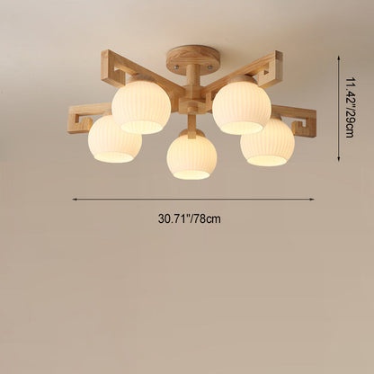 Traditional Chinese Solid Wood Striped Glass Round Globe Shade Branch 5/8 Light Chandeliers For Living Room