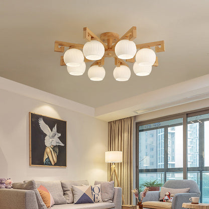 Traditional Chinese Solid Wood Striped Glass Round Globe Shade Branch 5/8 Light Chandeliers For Living Room