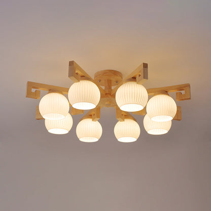 Traditional Chinese Solid Wood Striped Glass Round Globe Shade Branch 5/8 Light Chandeliers For Living Room