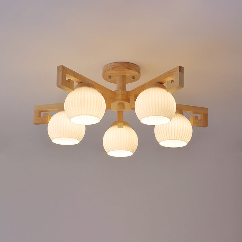 Traditional Chinese Solid Wood Striped Glass Round Globe Shade Branch 5/8 Light Chandeliers For Living Room