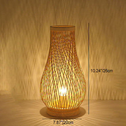 Contemporary Boho Wood Bamboo Weaving Lantern Shape 1-Light Table Lamp For Bedroom