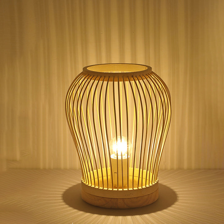 Contemporary Boho Wood Bamboo Weaving Lantern Shape 1-Light Table Lamp For Bedroom