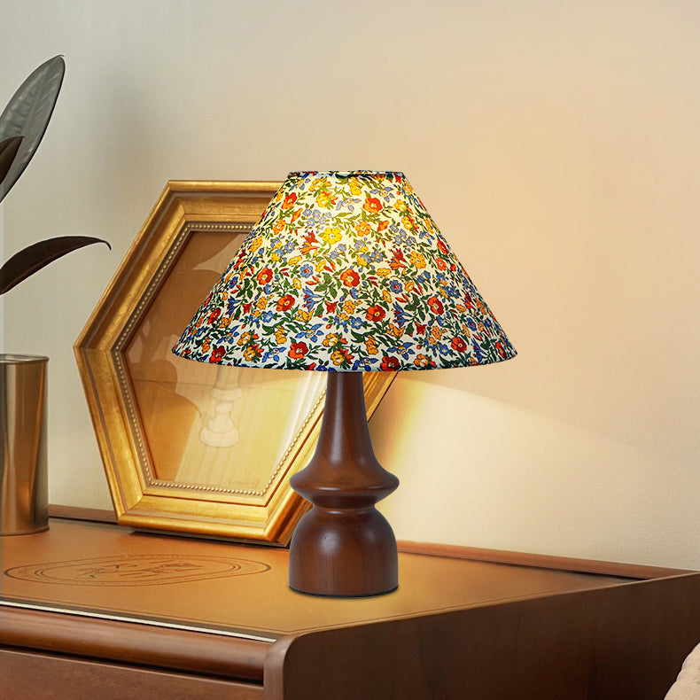 Traditional Vintage Drum Floral Fabric Wood 1-Light Table Lamp For Living Room
