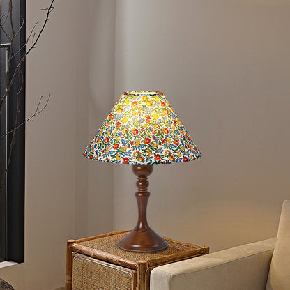 Traditional Vintage Drum Floral Fabric Wood 1-Light Table Lamp For Living Room