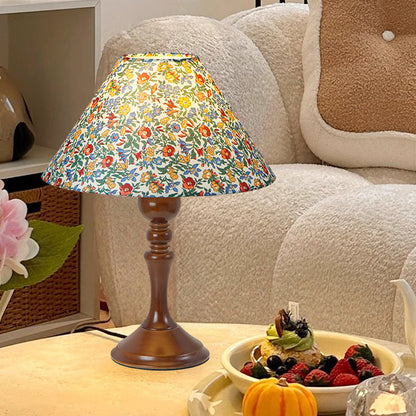 Traditional Vintage Drum Floral Fabric Wood 1-Light Table Lamp For Living Room