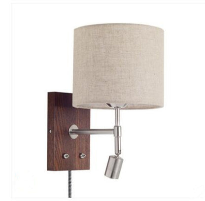 Traditional Vintage Rotatable Spotlight Cylinder Fabric Iron Solid Wood 2-Light Wall Sconce Lamp For Living Room