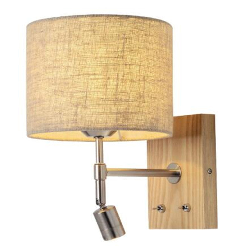 Traditional Vintage Rotatable Spotlight Cylinder Fabric Iron Solid Wood 2-Light Wall Sconce Lamp For Living Room