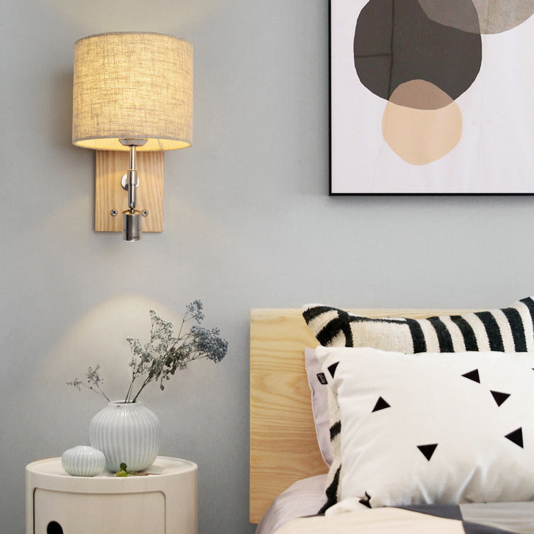 Traditional Vintage Rotatable Spotlight Cylinder Fabric Iron Solid Wood 2-Light Wall Sconce Lamp For Living Room