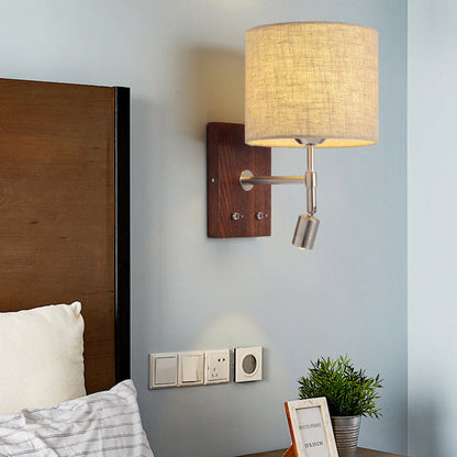 Traditional Vintage Rotatable Spotlight Cylinder Fabric Iron Solid Wood 2-Light Wall Sconce Lamp For Living Room