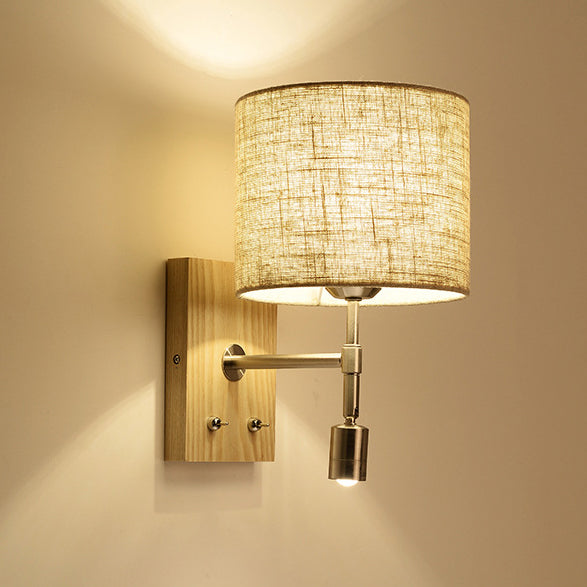 Traditional Vintage Rotatable Spotlight Cylinder Fabric Iron Solid Wood 2-Light Wall Sconce Lamp For Living Room