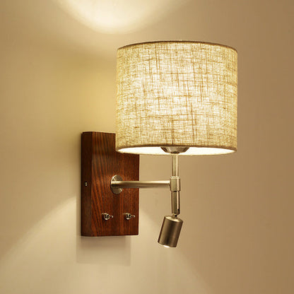 Traditional Vintage Rotatable Spotlight Cylinder Fabric Iron Solid Wood 2-Light Wall Sconce Lamp For Living Room