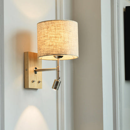 Traditional Vintage Rotatable Spotlight Cylinder Fabric Iron Solid Wood 2-Light Wall Sconce Lamp For Living Room