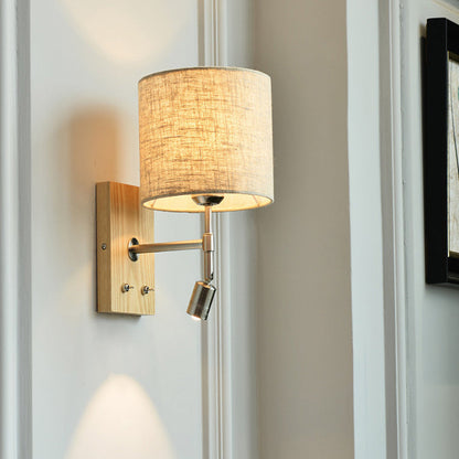 Traditional Vintage Rotatable Spotlight Cylinder Fabric Iron Solid Wood 2-Light Wall Sconce Lamp For Living Room