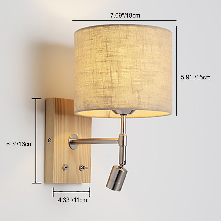 Traditional Vintage Rotatable Spotlight Cylinder Fabric Iron Solid Wood 2-Light Wall Sconce Lamp For Living Room